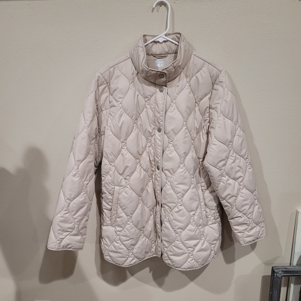 32 Degrees‎ Heat Womens Beige Quilted Snap Front Mock Neck Puffer Jacket Large